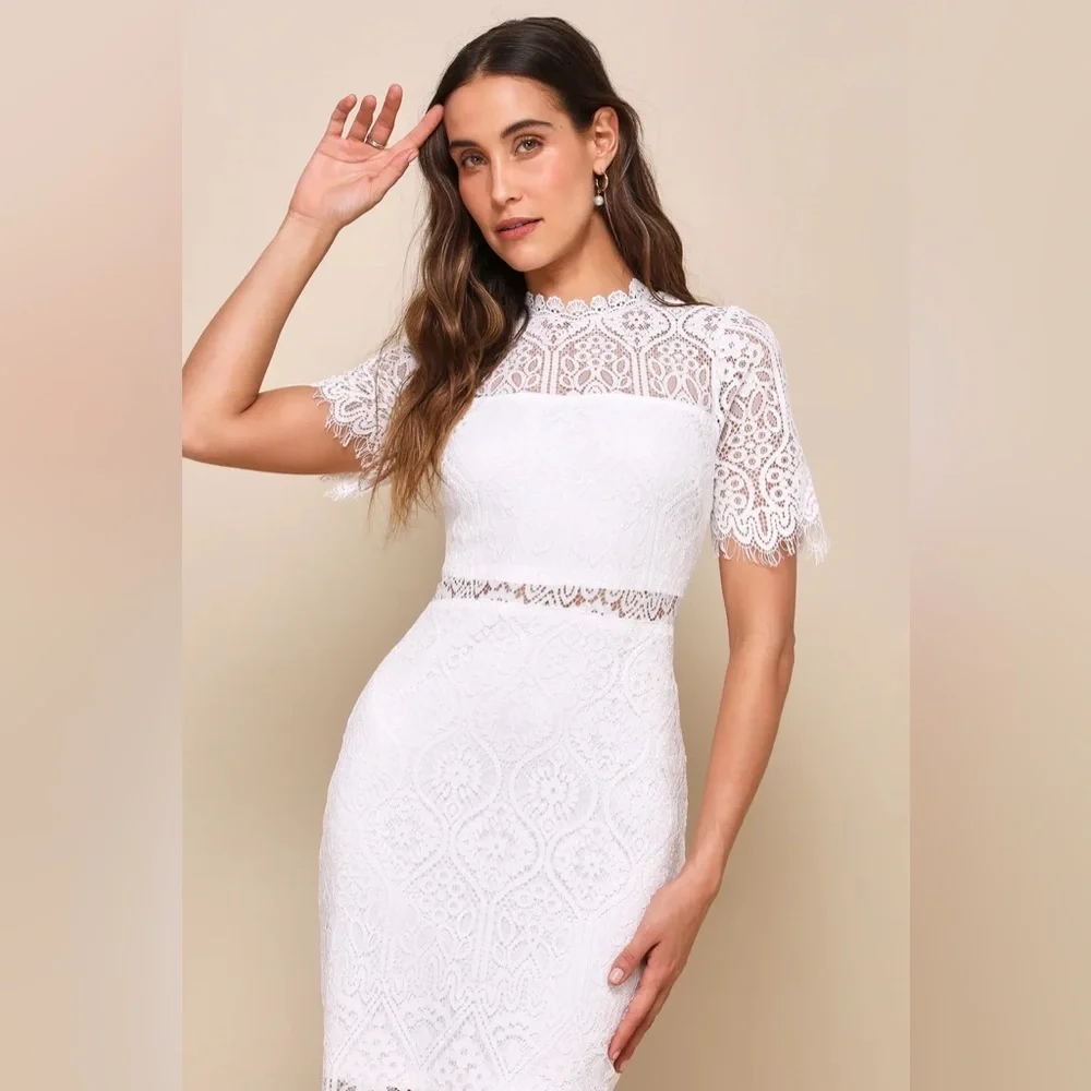 Lulus Remarkable White Sheer Lace Short Sleeve Mini Dress Sz‎ XS LIKE NEW!